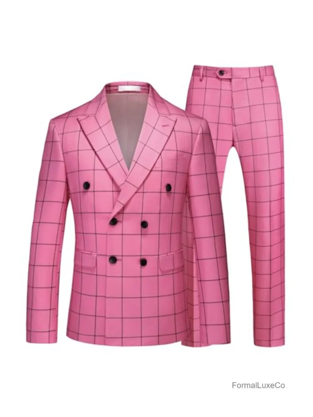 Men's Plaid Double Breasted 2-Piece Suit Set with Jacket & Pants for Prom